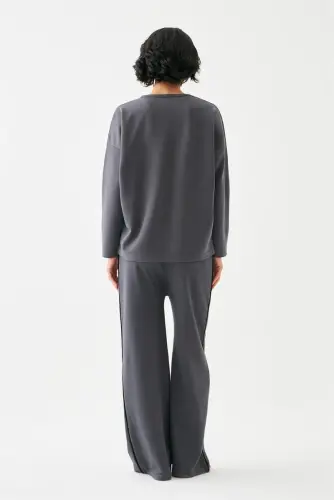 Akbeniz Women's Smoked Wheat Ear Virgo Oversize 2 Thread Tracksuit Home Wear Set - 6