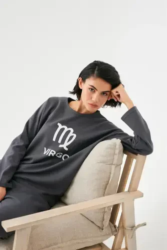 Akbeniz Women's Smoked Wheat Ear Virgo Oversize 2 Thread Tracksuit Home Wear Set - 5