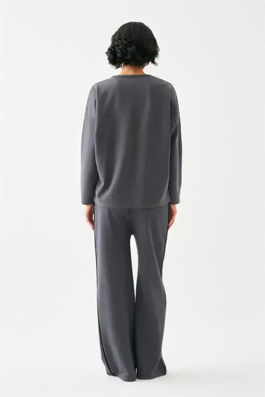 Akbeniz Women's Smoked Wheat Ear Virgo Oversize 2 Thread Tracksuit Home Wear Set - 6