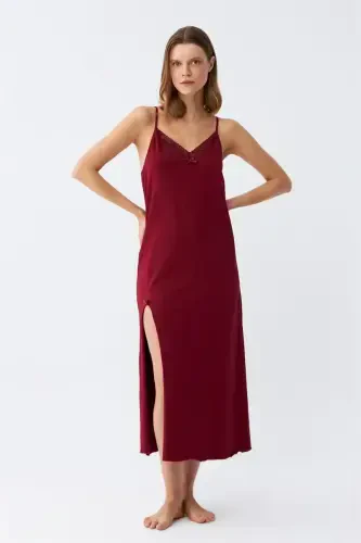 Akbeniz Women's Spaghetti Strap Burgundy Long Nightgown 901 - 2