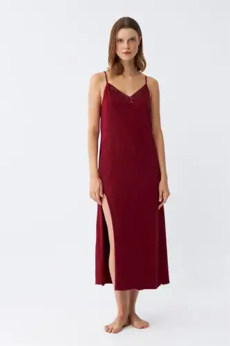Akbeniz Women's Spaghetti Strap Burgundy Long Nightgown 901 - 3