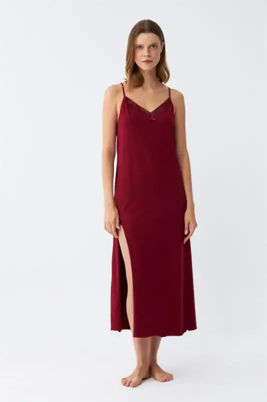 Akbeniz Women's Spaghetti Strap Burgundy Long Nightgown 901 - 3