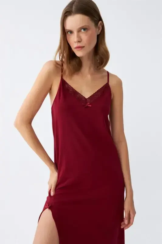 Akbeniz Women's Spaghetti Strap Burgundy Long Nightgown 901 - 4