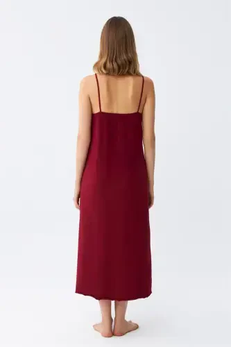 Akbeniz Women's Spaghetti Strap Burgundy Long Nightgown 901 - 5