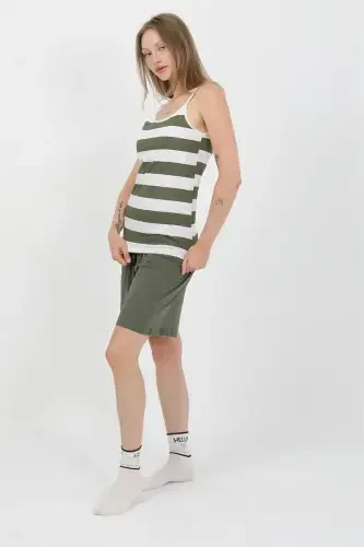 Akbeniz Women's Spaghetti Strap Cotton Jersey Shorts Set Khaki 3634 - 1