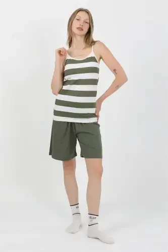 Akbeniz Women's Spaghetti Strap Cotton Jersey Shorts Set Khaki 3634 - 2