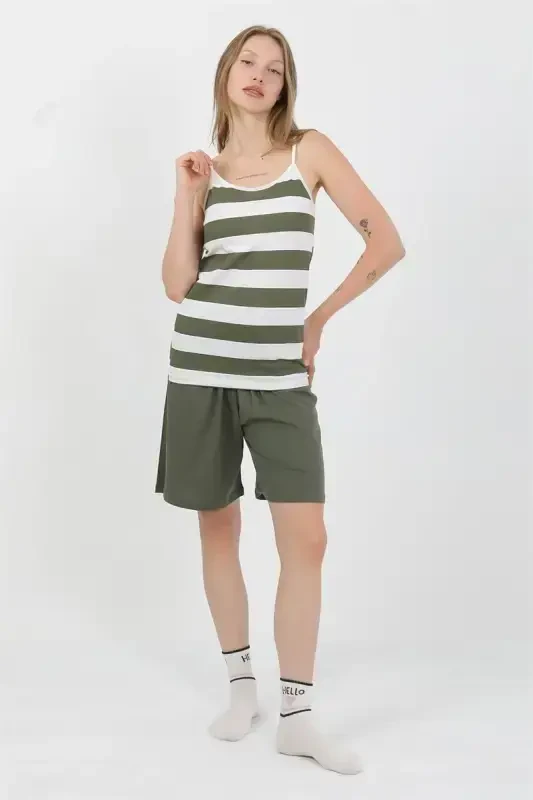 Akbeniz Women's Spaghetti Strap Cotton Jersey Shorts Set Khaki 3634 - 2