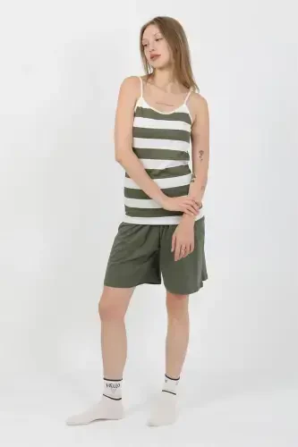 Akbeniz Women's Spaghetti Strap Cotton Jersey Shorts Set Khaki 3634 - 3
