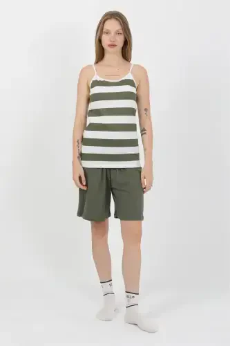 Akbeniz Women's Spaghetti Strap Cotton Jersey Shorts Set Khaki 3634 - 4