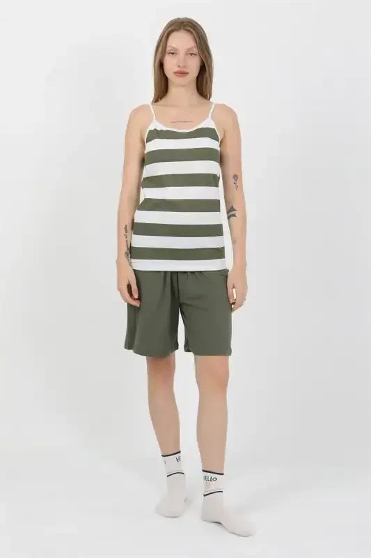Akbeniz Women's Spaghetti Strap Cotton Jersey Shorts Set Khaki 3634 - 4