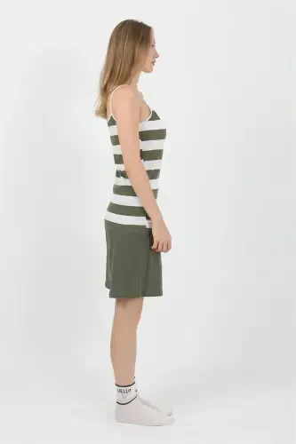 Akbeniz Women's Spaghetti Strap Cotton Jersey Shorts Set Khaki 3634 - 8