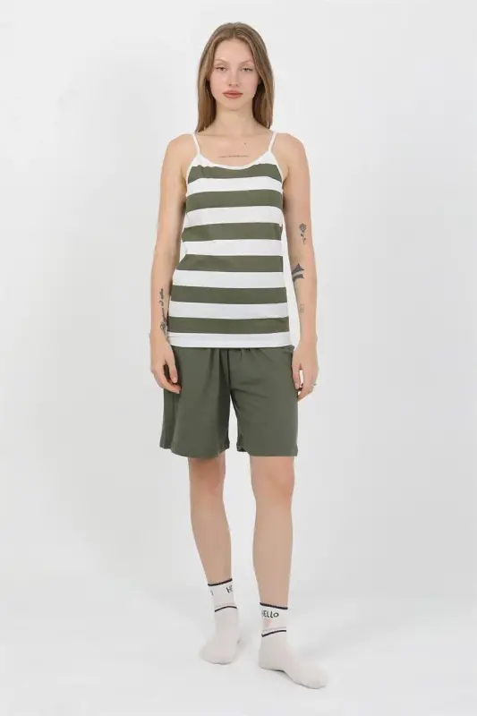 Akbeniz Women's Spaghetti Strap Cotton Jersey Shorts Set Khaki 3634 - 4