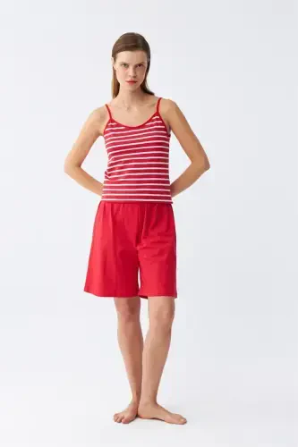Akbeniz Women's Spaghetti Strap Cotton Jersey Shorts Set Red 3634 - 1