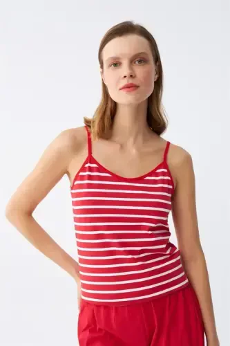 Akbeniz Women's Spaghetti Strap Cotton Jersey Shorts Set Red 3634 - 2