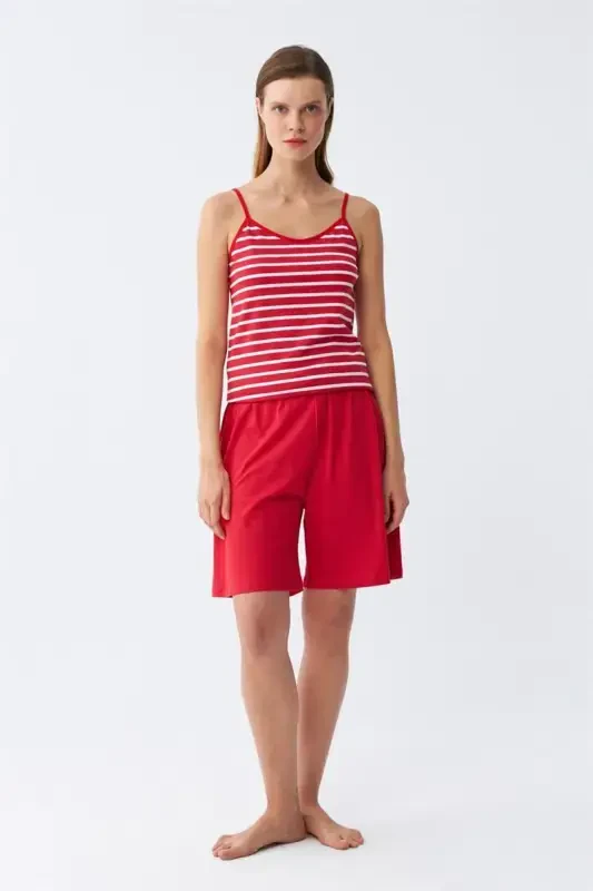 Akbeniz Women's Spaghetti Strap Cotton Jersey Shorts Set Red 3634 - 3