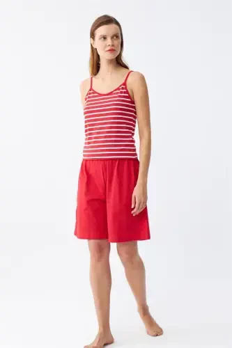 Akbeniz Women's Spaghetti Strap Cotton Jersey Shorts Set Red 3634 - 4