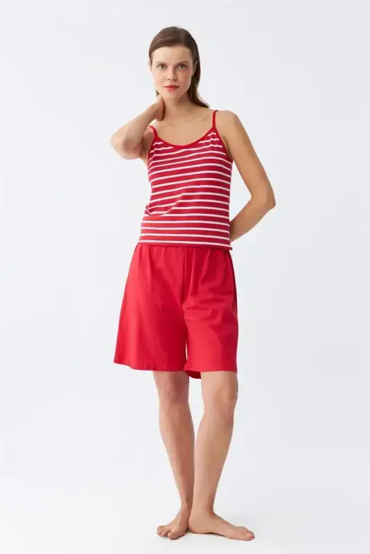 Akbeniz Women's Spaghetti Strap Cotton Jersey Shorts Set Red 3634 - 5