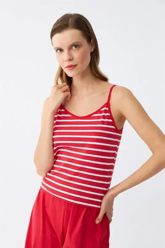 Akbeniz Women's Spaghetti Strap Cotton Jersey Shorts Set Red 3634 - 6