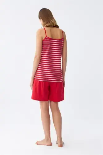 Akbeniz Women's Spaghetti Strap Cotton Jersey Shorts Set Red 3634 - 7