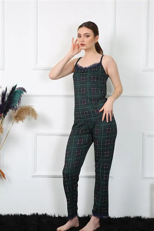 Akbeniz Women's Spaghetti Strap Green Plaid Pajama Set 4135 - AKBENIZ