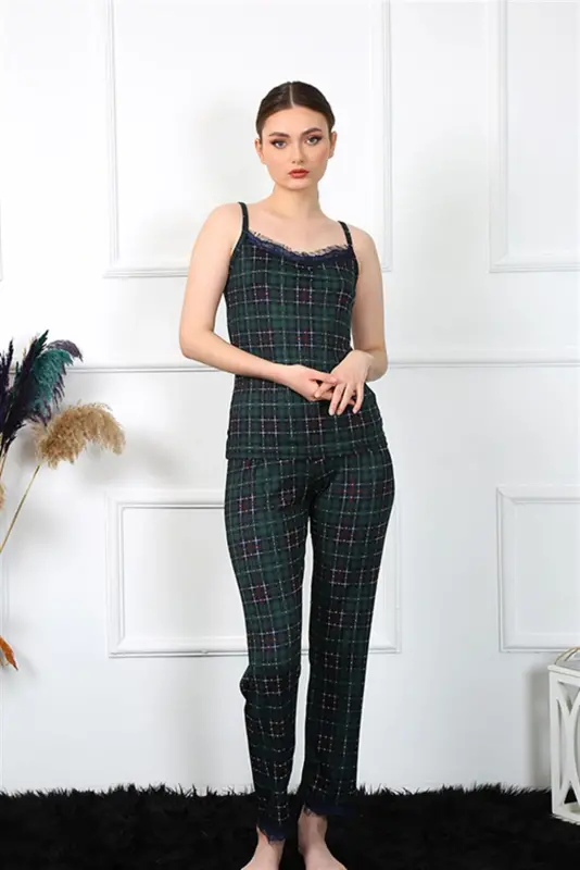 Akbeniz Women's Spaghetti Strap Green Plaid Pajama Set 4135 - 2