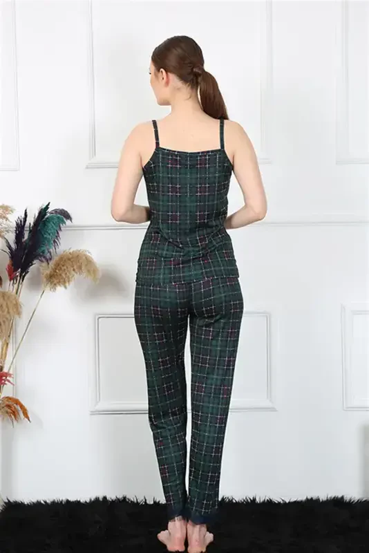 Akbeniz Women's Spaghetti Strap Green Plaid Pajama Set 4135 - 4