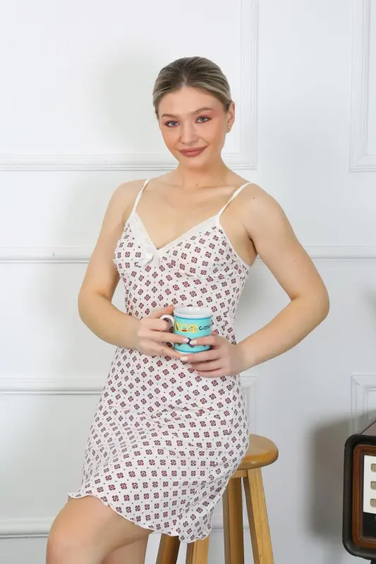 Akbeniz Women's Spaghetti Strap Knitted Short Nightgown 11307 - 7