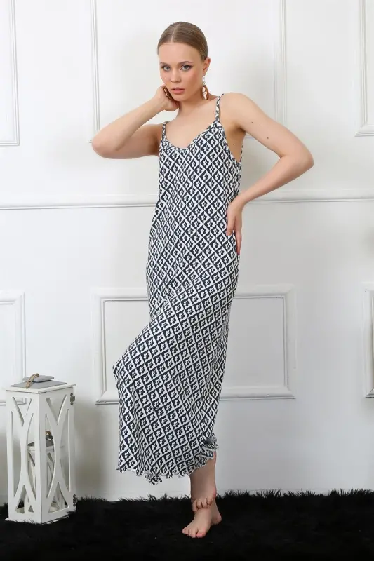 Akbeniz Women's Spaghetti Strap Long Nightgown 821 - 3