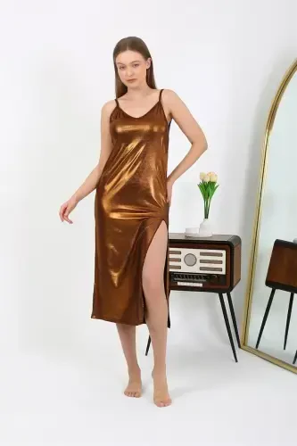 Akbeniz Women's Spaghetti Strap Long Shiny Micro Dress Nightgown 7415 Brown - AKBENIZ (1)
