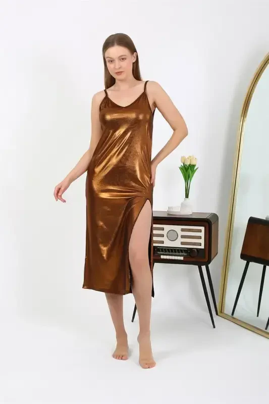 Akbeniz Women's Spaghetti Strap Long Shiny Micro Dress Nightgown 7415 Brown - 2