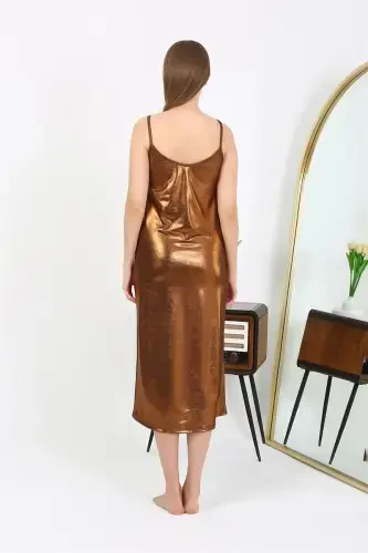 Akbeniz Women's Spaghetti Strap Long Shiny Micro Dress Nightgown 7415 Brown - 5