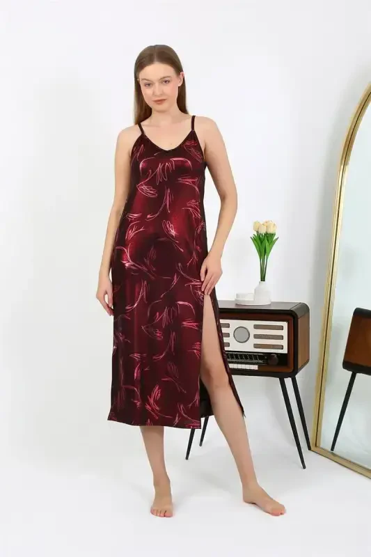 Akbeniz Women's Spaghetti Strap Long Shiny Micro Dress Nightgown 7415 Burgundy - AKBENIZ
