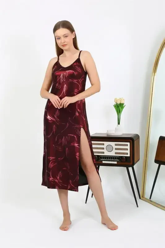 Akbeniz Women's Spaghetti Strap Long Shiny Micro Dress Nightgown 7415 Burgundy - 2