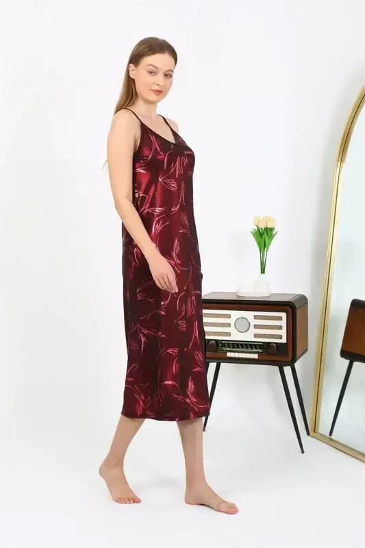 Akbeniz Women's Spaghetti Strap Long Shiny Micro Dress Nightgown 7415 Burgundy - 4