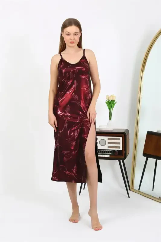 Akbeniz Women's Spaghetti Strap Long Shiny Micro Dress Nightgown 7415 Burgundy - 5