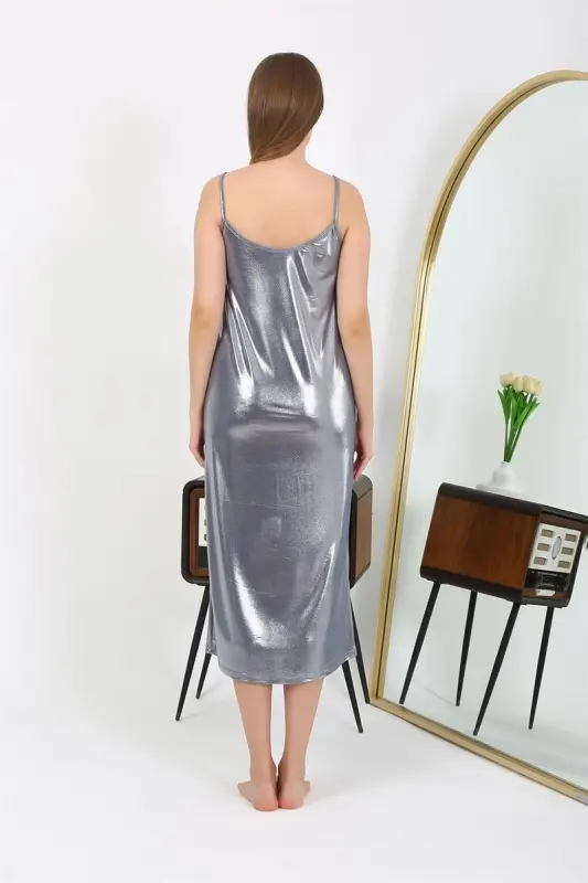 Akbeniz Women's Spaghetti Strap Long Shiny Micro Dress Nightgown 7415 Gray - 5
