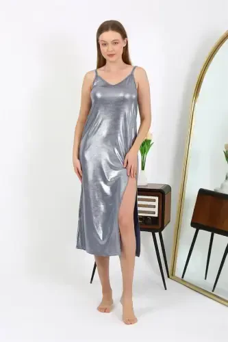 Akbeniz Women's Spaghetti Strap Long Shiny Micro Dress Nightgown 7415 Gray - 1