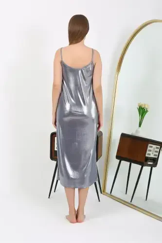 Akbeniz Women's Spaghetti Strap Long Shiny Micro Dress Nightgown 7415 Gray - 5