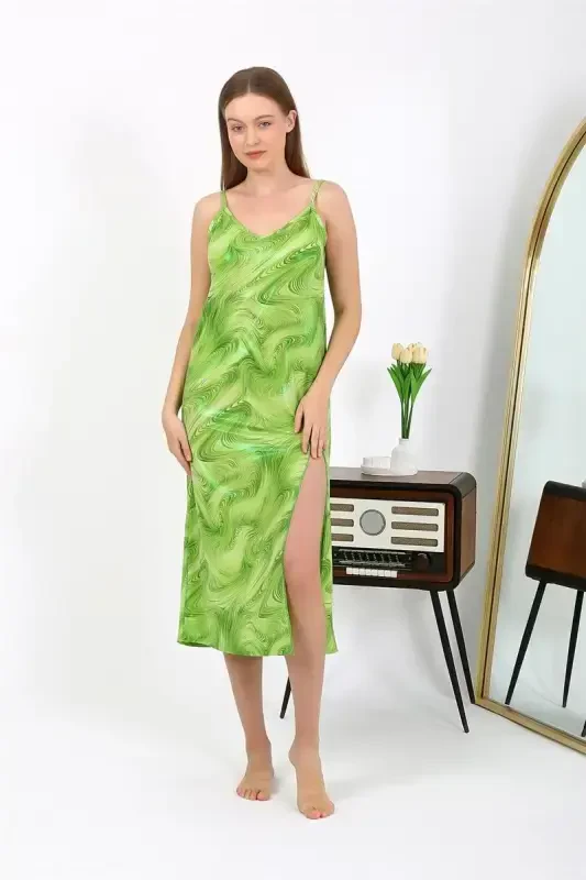 Akbeniz Women's Spaghetti Strap Long Shiny Micro Dress Nightgown 7415 Green - 2