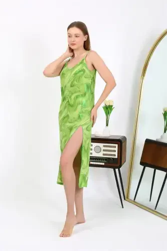 Akbeniz Women's Spaghetti Strap Long Shiny Micro Dress Nightgown 7415 Green - 4