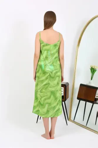 Akbeniz Women's Spaghetti Strap Long Shiny Micro Dress Nightgown 7415 Green - 5
