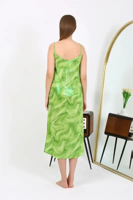 Akbeniz Women's Spaghetti Strap Long Shiny Micro Dress Nightgown 7415 Green - 5