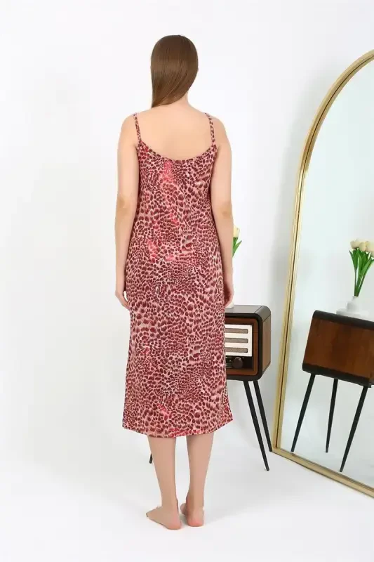 Akbeniz Women's Spaghetti Strap Long Shiny Micro Dress Nightgown 7415 Red - 1