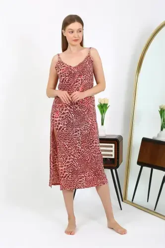 Akbeniz Women's Spaghetti Strap Long Shiny Micro Dress Nightgown 7415 Red - AKBENIZ (1)