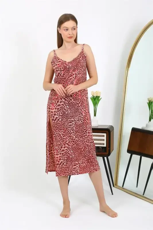 Akbeniz Women's Spaghetti Strap Long Shiny Micro Dress Nightgown 7415 Red - 2