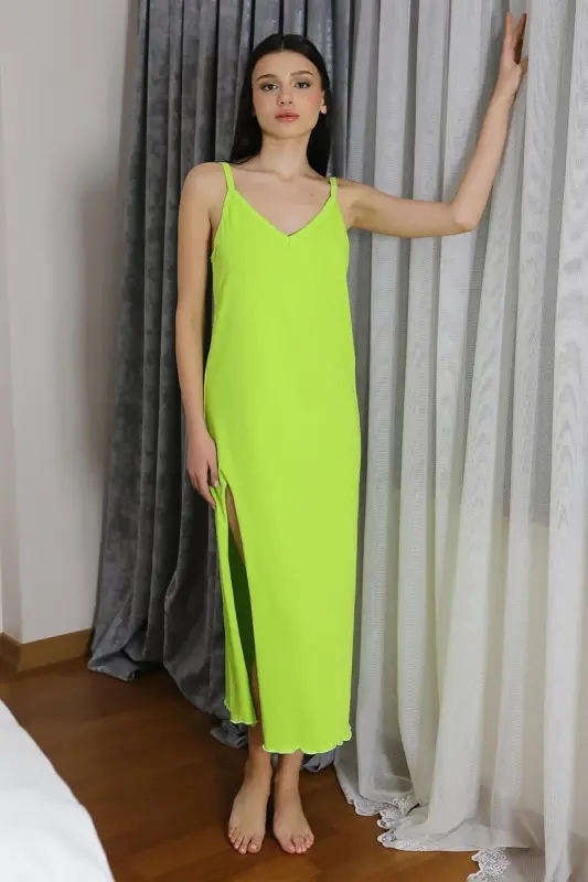 Akbeniz Women's Spaghetti Strap Long Slit Cotton Jersey Nightgown Neon Green 90125 - 4