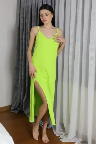 Akbeniz Women's Spaghetti Strap Long Slit Cotton Jersey Nightgown Neon Green 90125 - 1