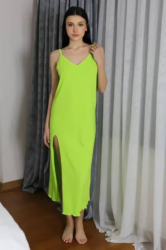 Akbeniz Women's Spaghetti Strap Long Slit Cotton Jersey Nightgown Neon Green 90125 - 2