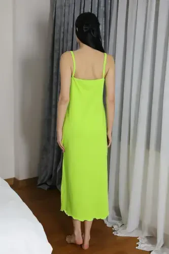 Akbeniz Women's Spaghetti Strap Long Slit Cotton Jersey Nightgown Neon Green 90125 - 3