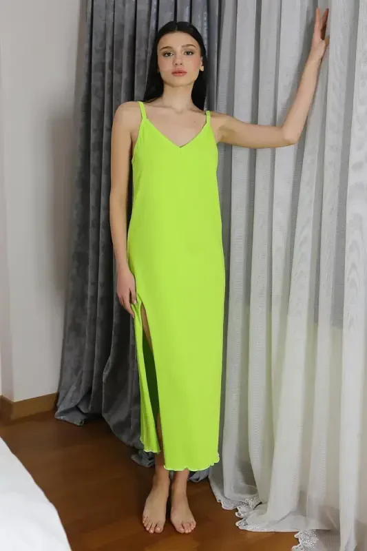 Akbeniz Women's Spaghetti Strap Long Slit Cotton Jersey Nightgown Neon Green 90125 - 4